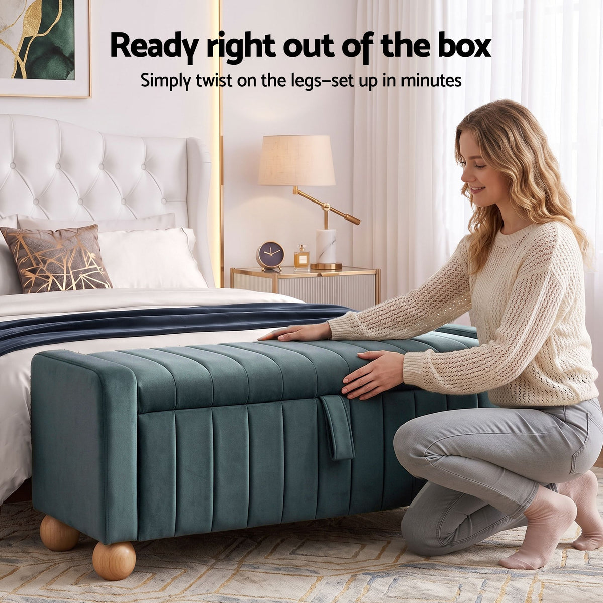 Storage Ottoman Bench with Velvet Upholstery and Ball Feet - Green