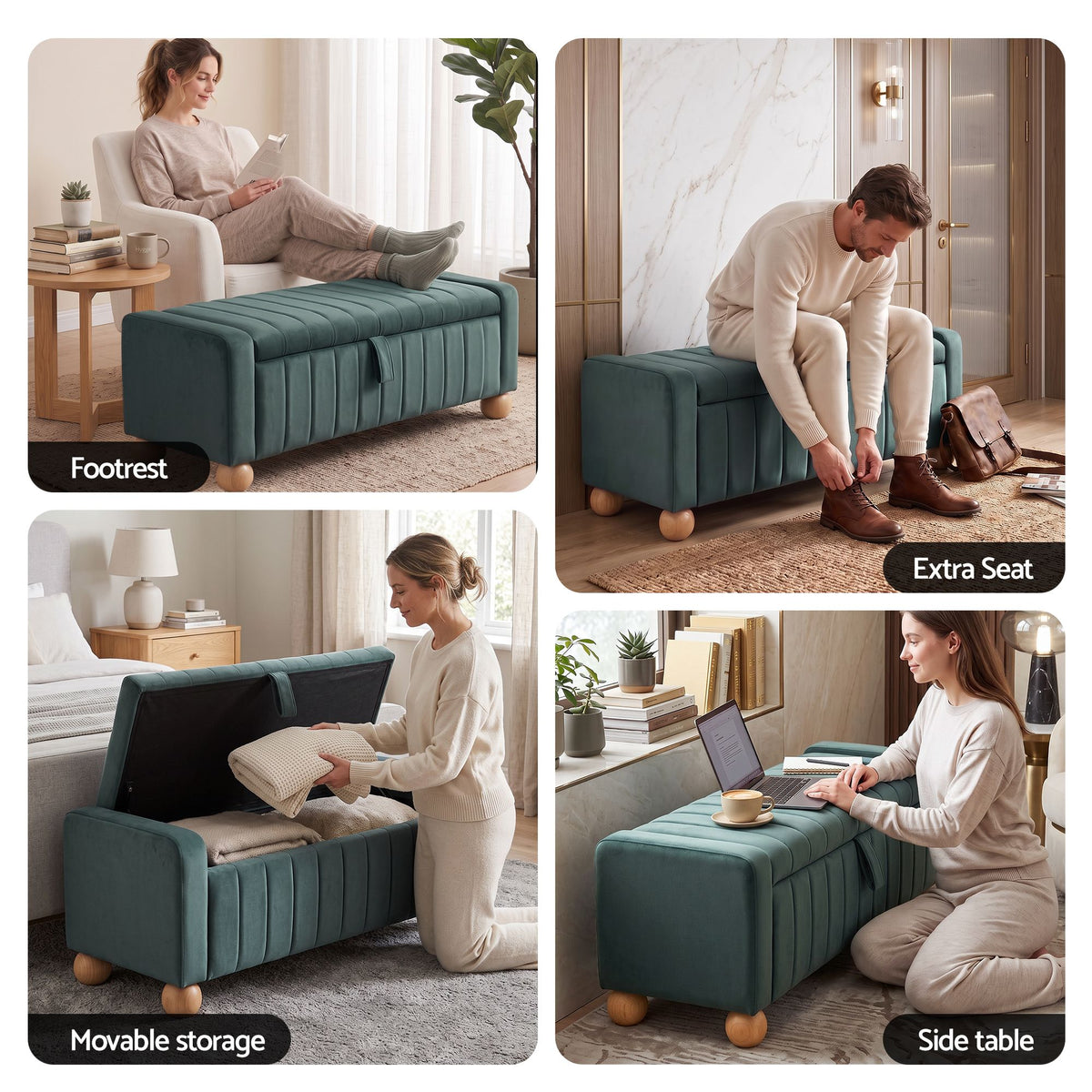 Storage Ottoman Bench with Velvet Upholstery and Ball Feet - Green