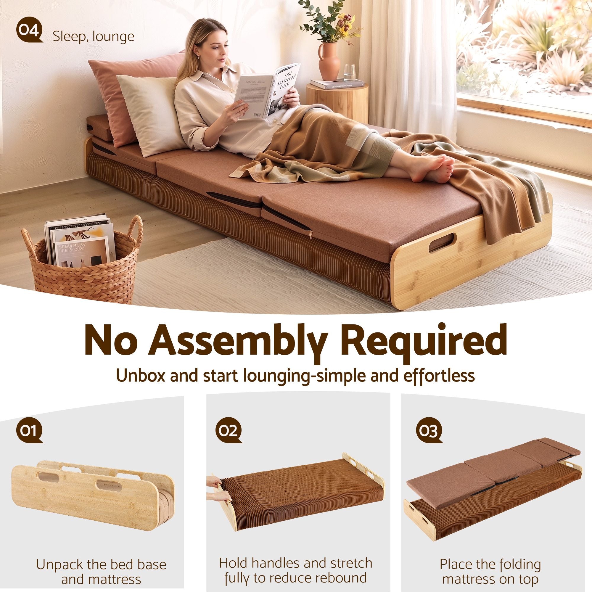 Folding Kraft Paper Bed Frame with Mattress and Pillow 300kg Capacity 200x60cm