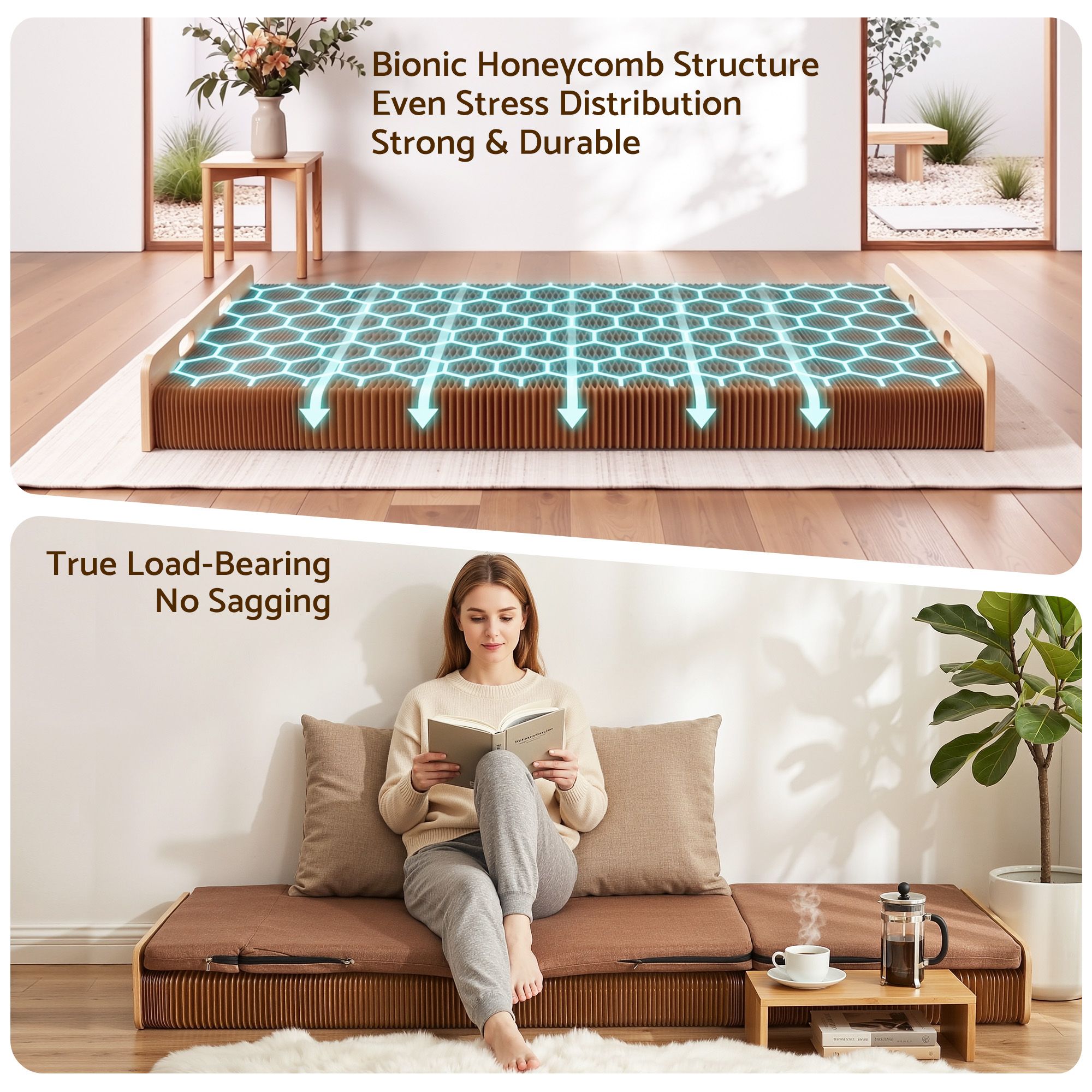 Folding Kraft Paper Bed Frame with Mattress and Pillow 300kg Capacity 200x60cm