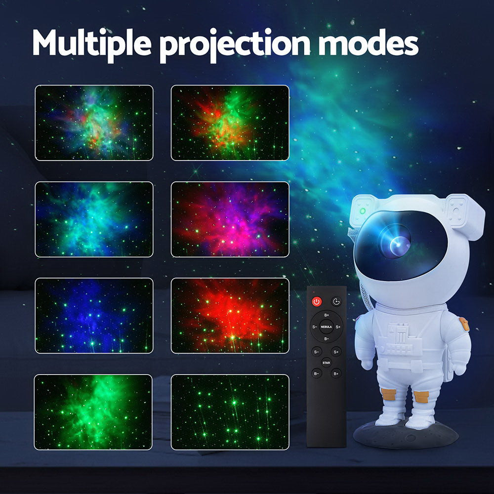 Astronaut Galaxy Projector Light with eight colorful nebula and star projection modes plus remote control on dark background