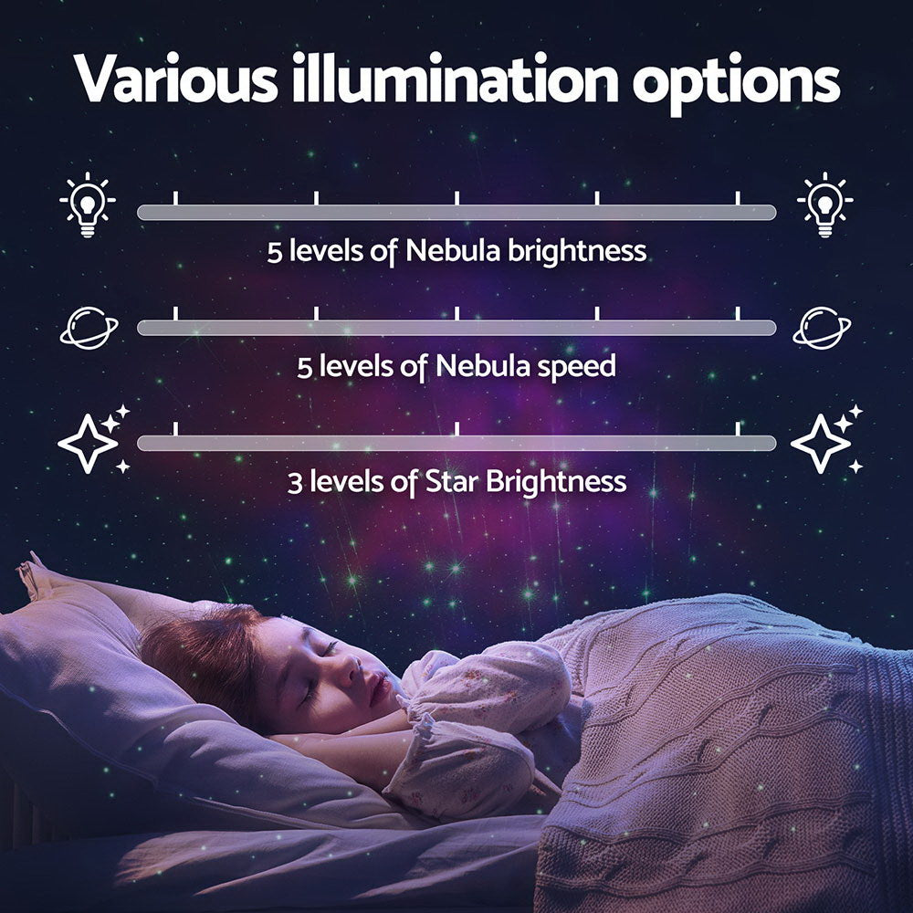 Astronaut Galaxy Projector Light showing adjustable nebula brightness, nebula speed, and star brightness levels above sleeping child