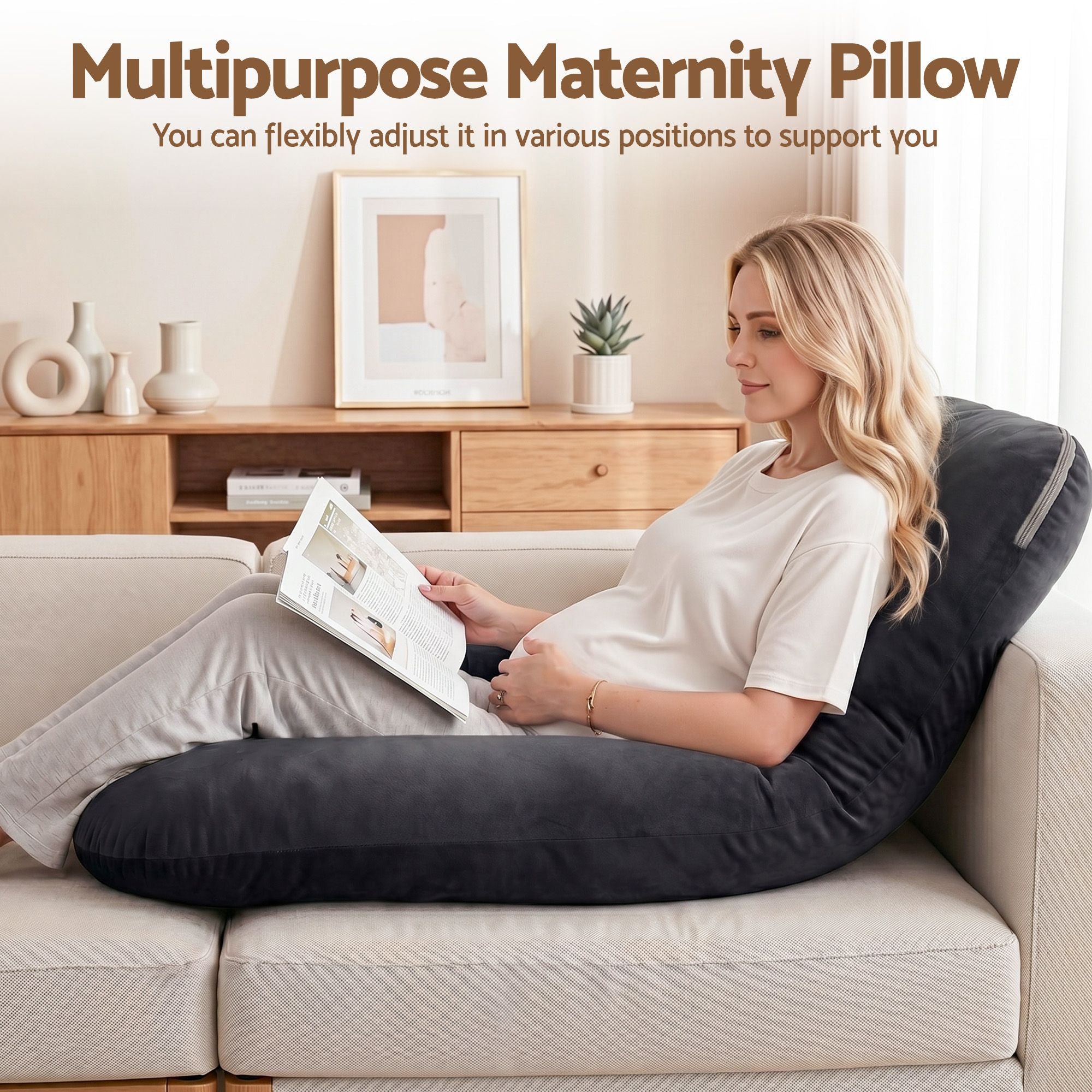 Pregnancy Pillow G-Shaped Full Body Pillow for Back and Belly Support Maternity Pillow with Removable Cover, Dark Grey 135x70 cm
