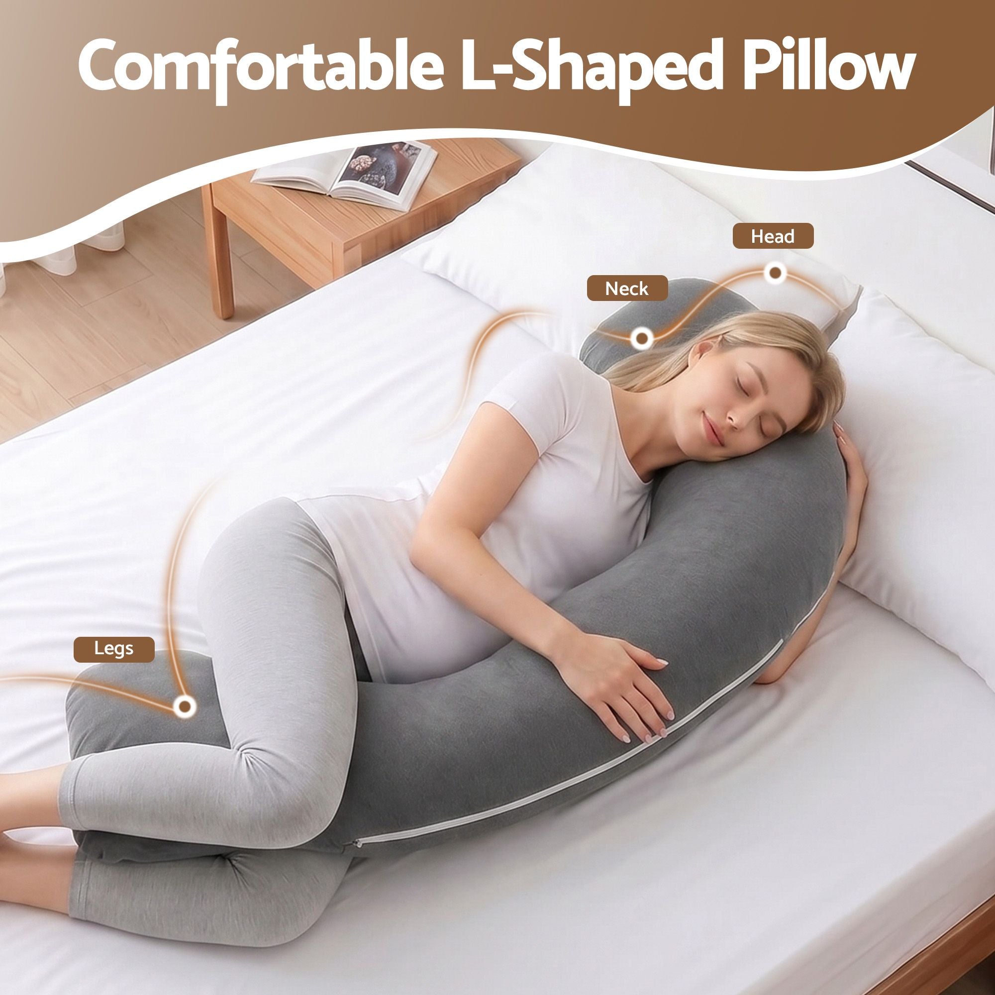 Pregnancy Pillow for Side Sleeping L-Shaped Maternity Body Pillow for Women 100% Cotton Jersey Cover for Head Neck Belly Support, 63x115 cm Grey
