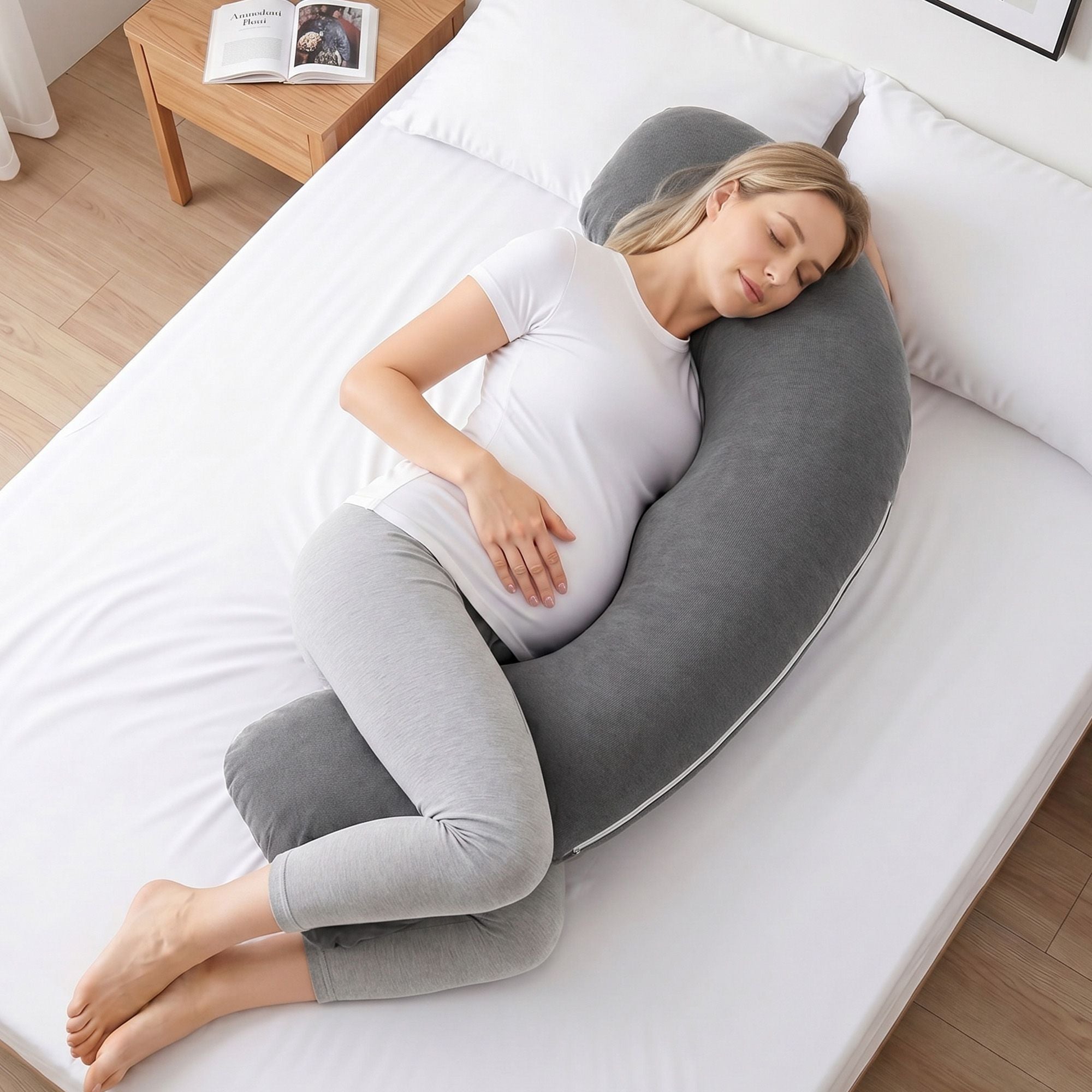Pregnancy Pillow for Side Sleeping L-Shaped Maternity Body Pillow for Women 100% Cotton Jersey Cover for Head Neck Belly Support, 63x115 cm Grey