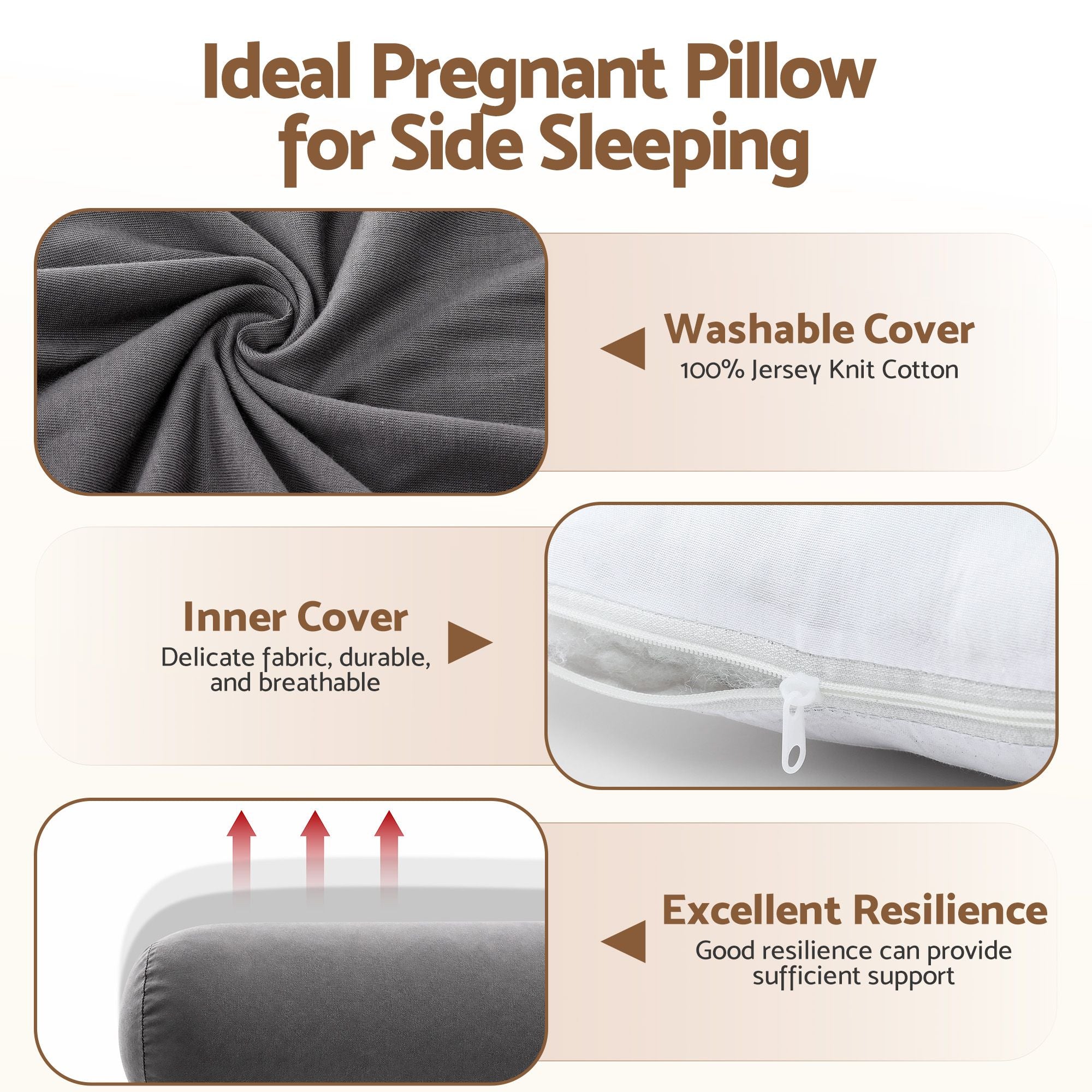Pregnancy Pillow for Side Sleeping L-Shaped Maternity Body Pillow for Women 100% Cotton Jersey Cover for Head Neck Belly Support, 63x115 cm Grey