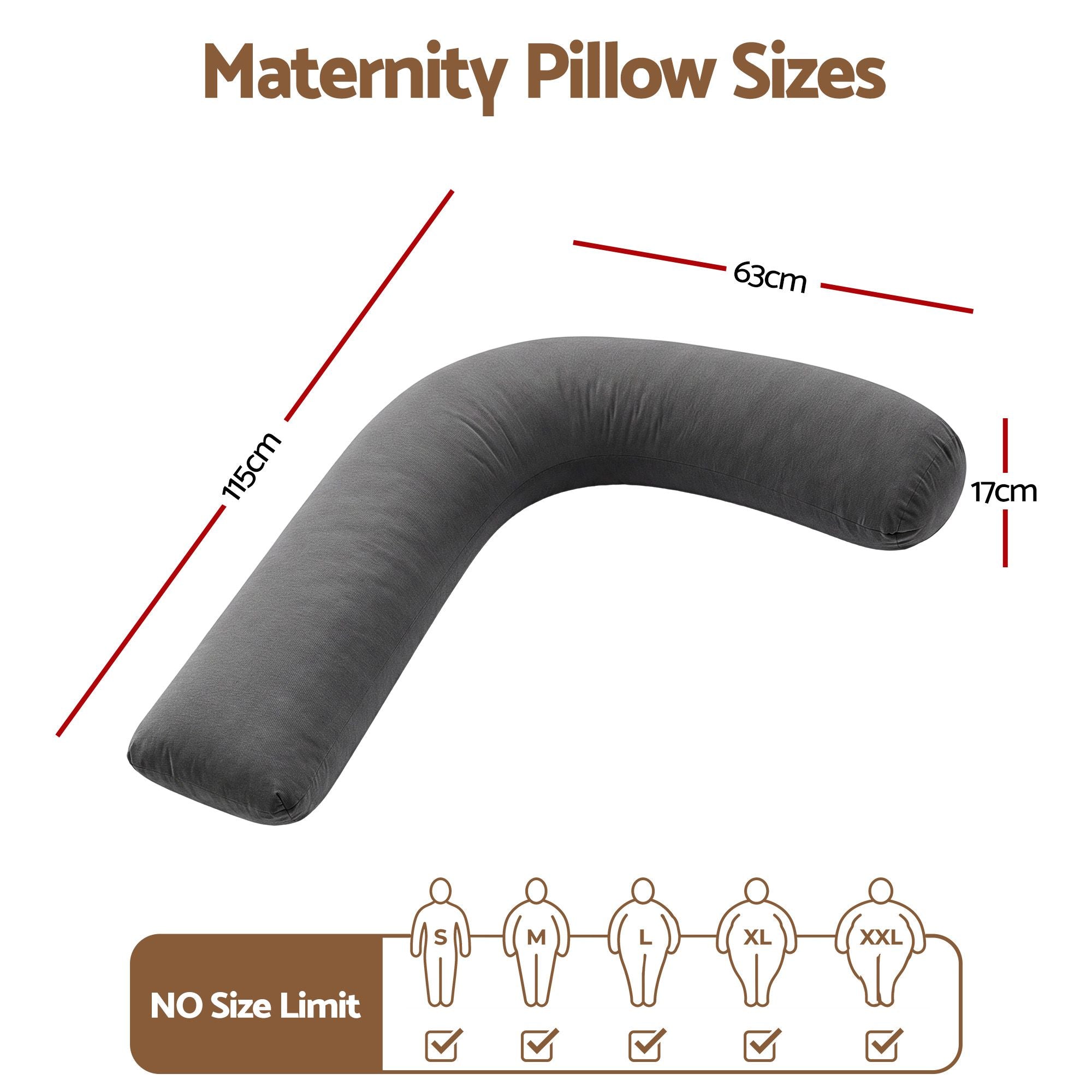 Pregnancy Pillow for Side Sleeping L-Shaped Maternity Body Pillow for Women 100% Cotton Jersey Cover for Head Neck Belly Support, 63x115 cm Grey