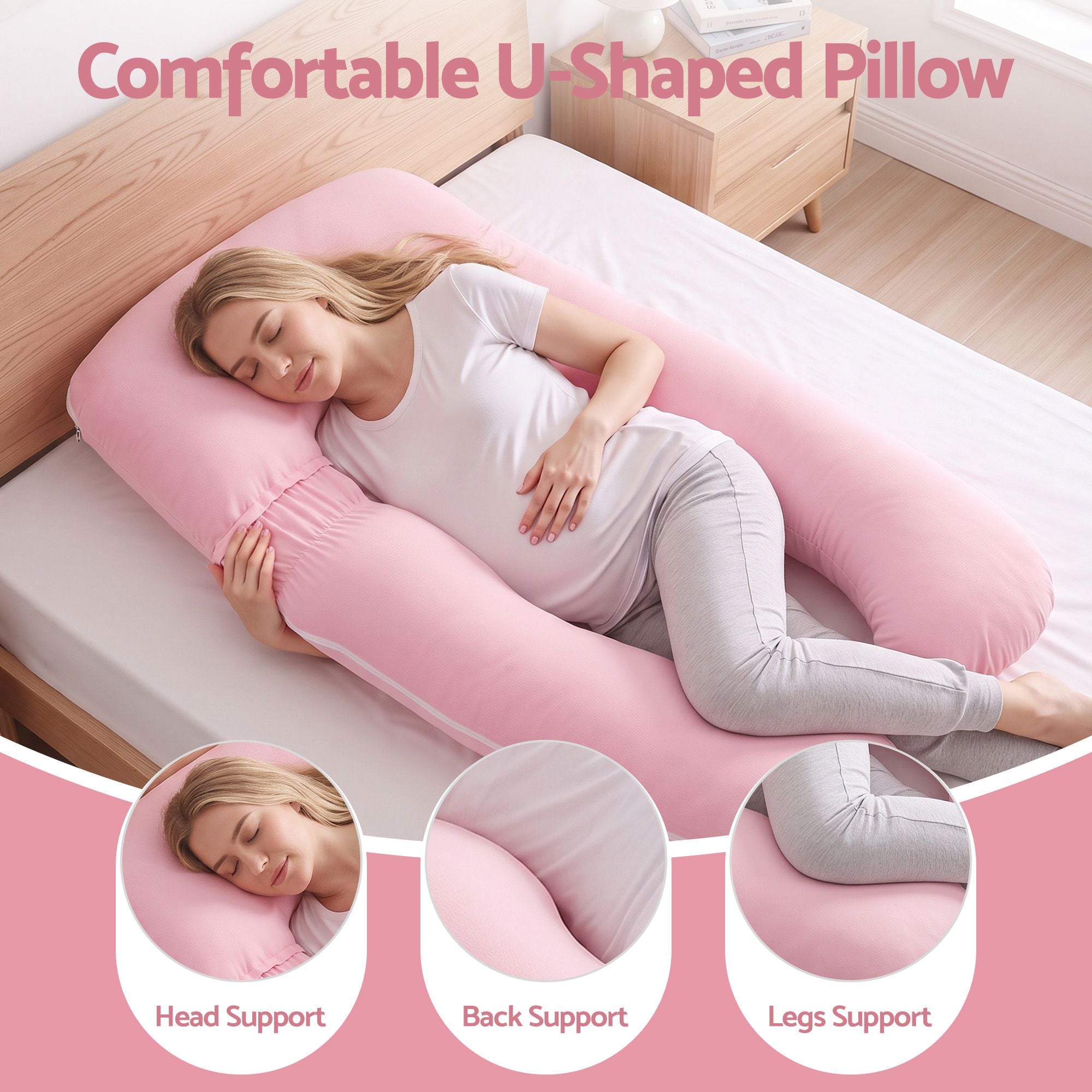 Pregnancy Pillow U Shaped Full Body Pillow with 100% Cotton Jersey Cover Maternity Pillow for Sleeping Reading, Pink, 73x133cm