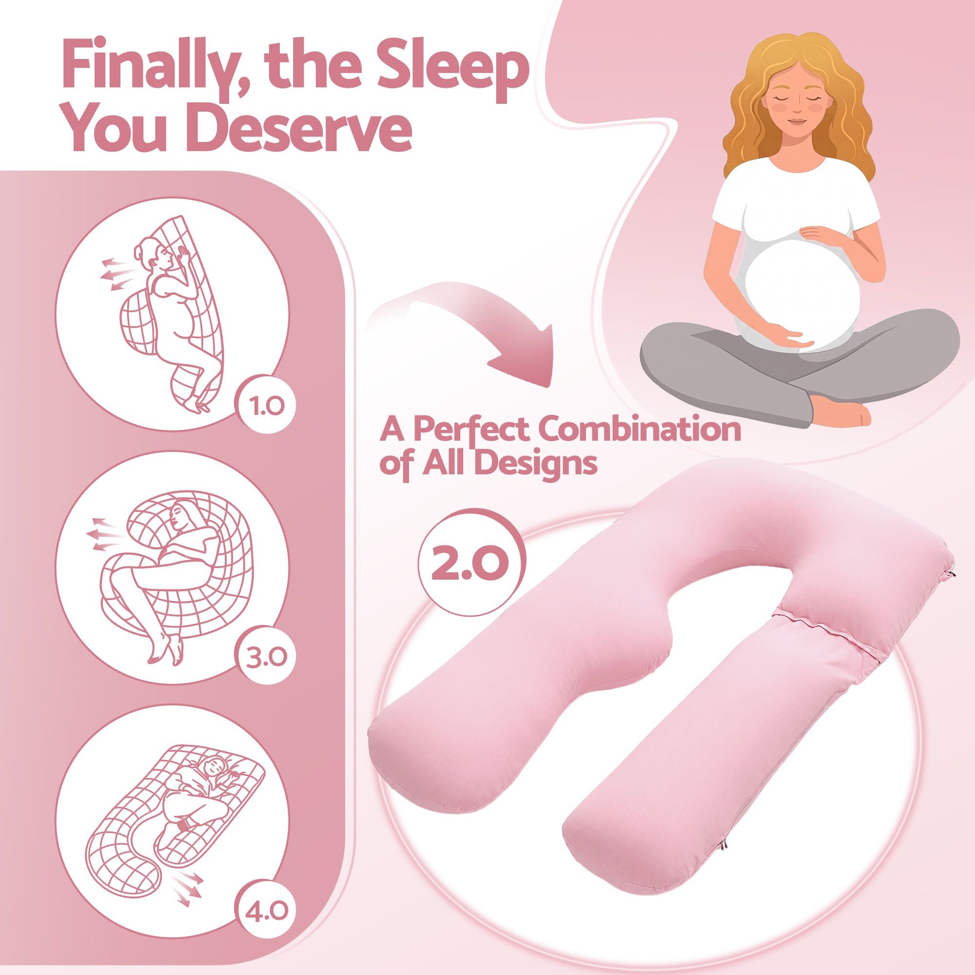 Pregnancy Pillow U Shaped Full Body Pillow with 100% Cotton Jersey Cover Maternity Pillow for Sleeping Reading, Pink, 73x133cm