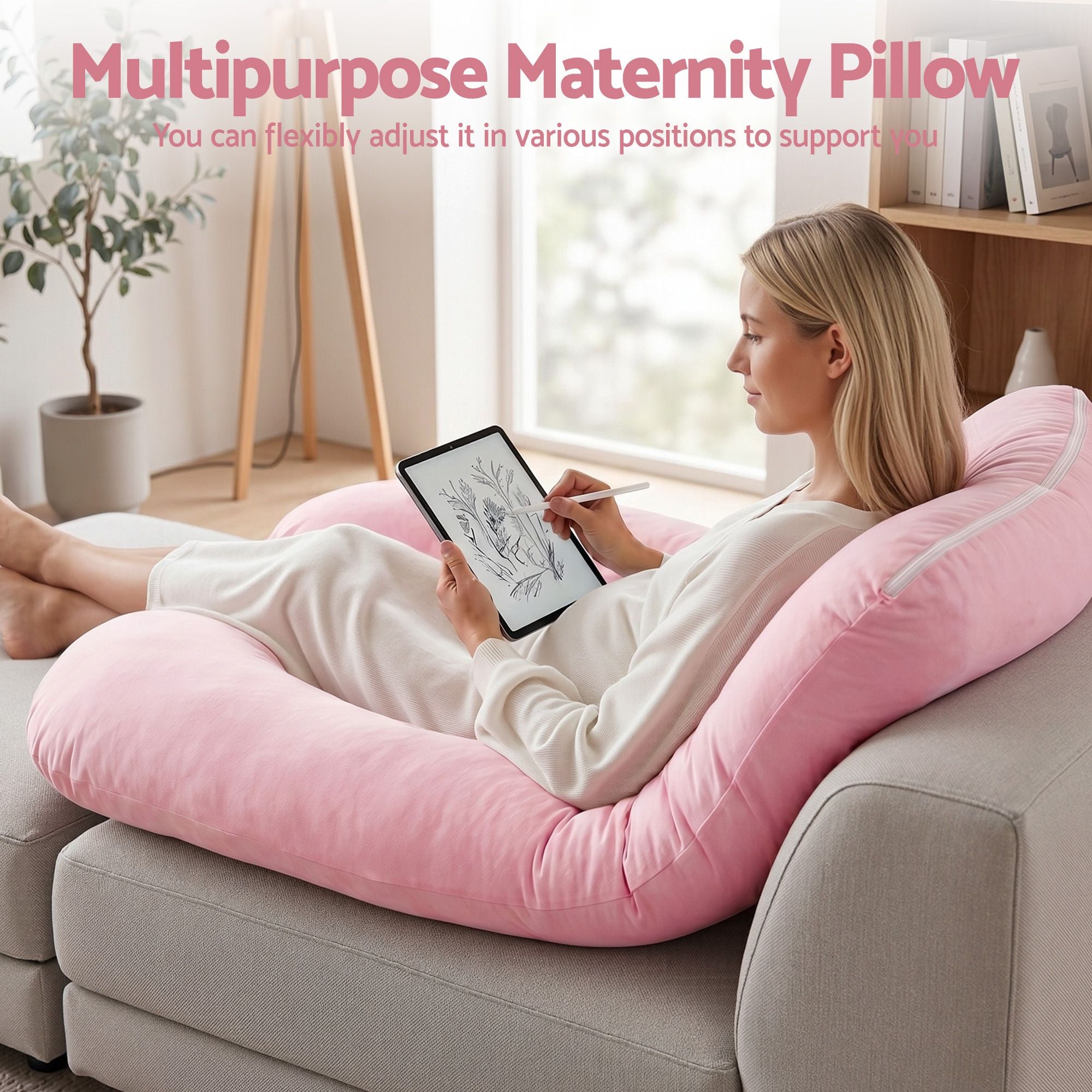 Pregnancy Pillow U Shaped Full Body Pillow with 100% Cotton Jersey Cover Maternity Pillow for Sleeping Reading, Pink, 73x133cm