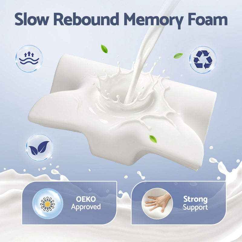 Memory Foam Pillow Ergonomic Contour with slow rebound foam, OEKO approval, strong support, and butterfly contour design