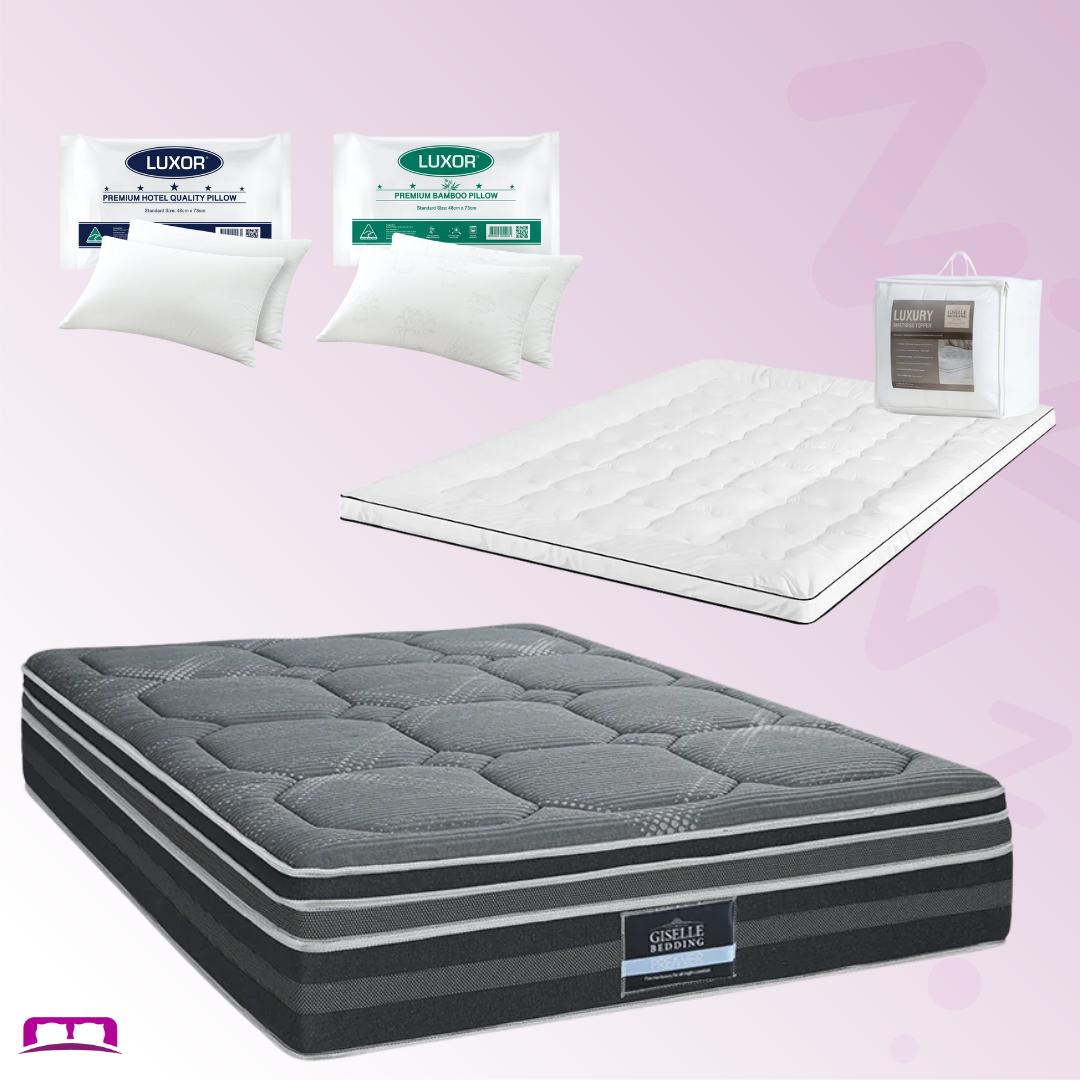 King Comfort Package | Platinum Series Dual Euro Top Mattress (Medium Firm) with Deluxe Pillowtop Topper and 4 pillows displayed on pink background