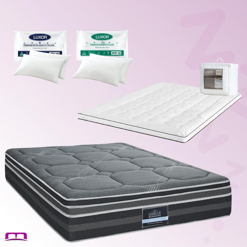 Queen Comfort Package | Platinum Series Dual Euro Top Mattress (Medium Firm), Deluxe Pillowtop Topper, 2 Deluxe & 2 Cooling Pillows displayed with Luxor pillows and mattress topper