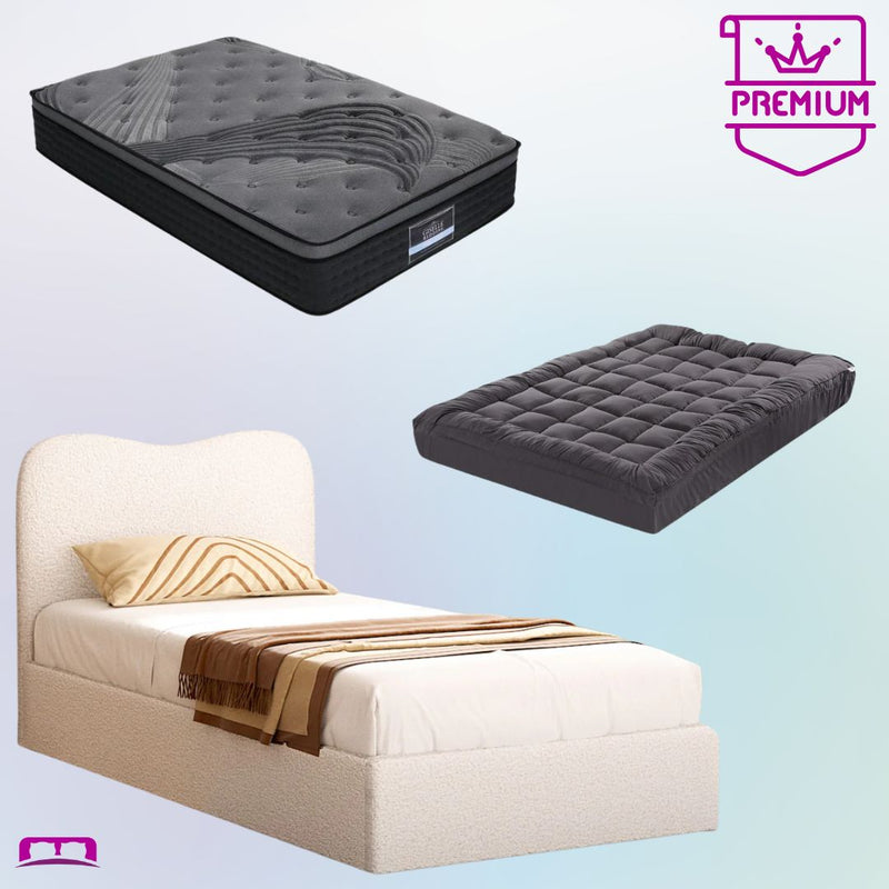 Single Premium Package | Albany Boucle Bed Frame Cream White, Alanya Euro Top Pocket Spring Mattress (Medium Firm) & Pillowtop Mattress Topper-1