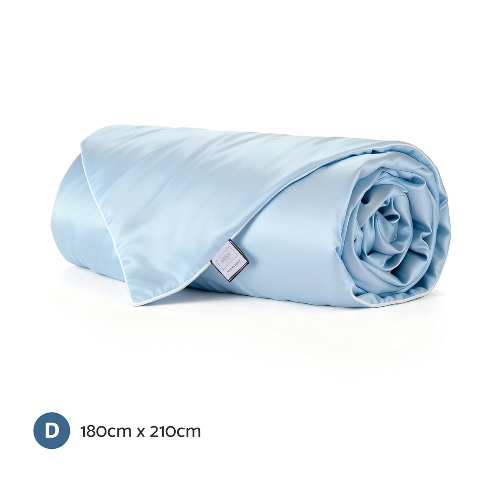 Tencel Quilt 200GSM Summer Quilts Comforter Doona Light Weight Soft Throw Blanket Double in light blue, rolled up on white background