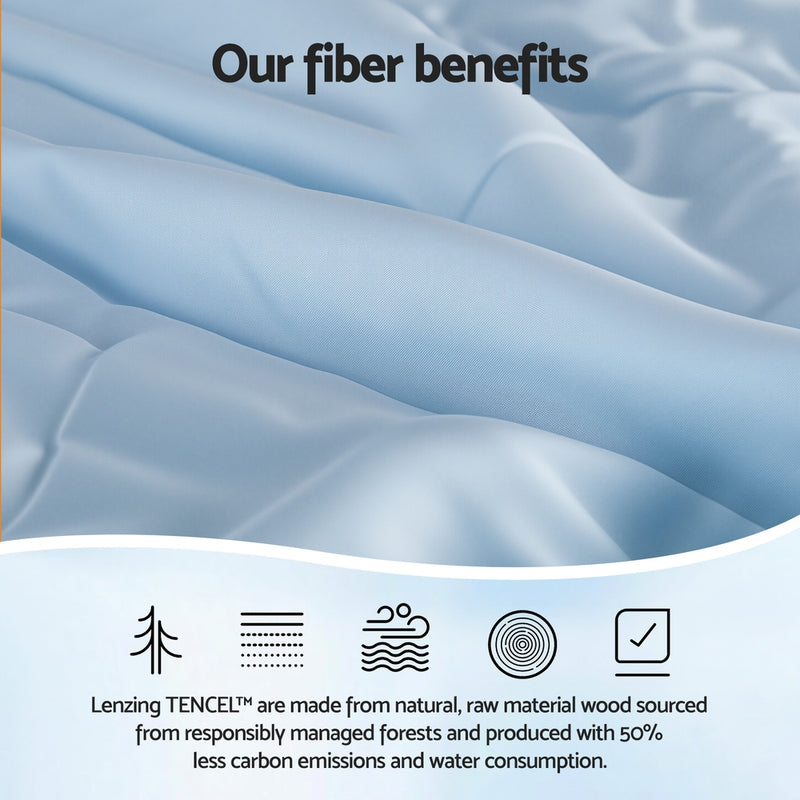 Close-up of light blue Tencel Quilt 200GSM Summer Quilts Comforter Doona Light Weight Soft Throw Blanket Double showing smooth fiber texture and benefits text