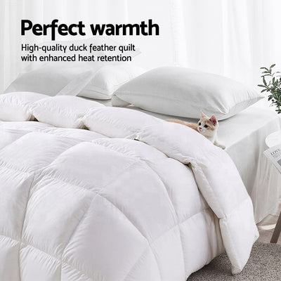 700GSM Duck Down Feather Quilt Duvet Doona Winter Blanket Double on bed with white pillows and a cat nearby