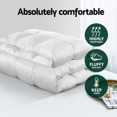 700GSM Duck Down Feather Quilt Duvet Doona Winter Blanket Single folded on white surface with comfort icons and light background