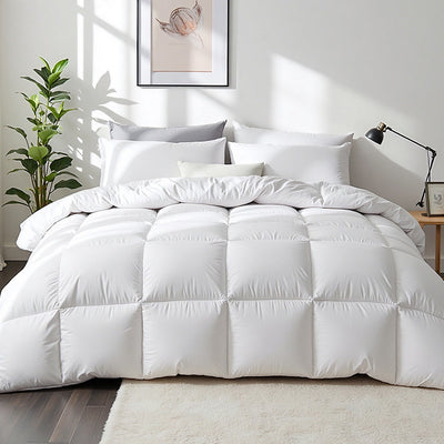 700GSM Duck Down Feather Quilt Duvet Doona Winter Blanket Single on bed with white pillows and minimalist bedroom decor