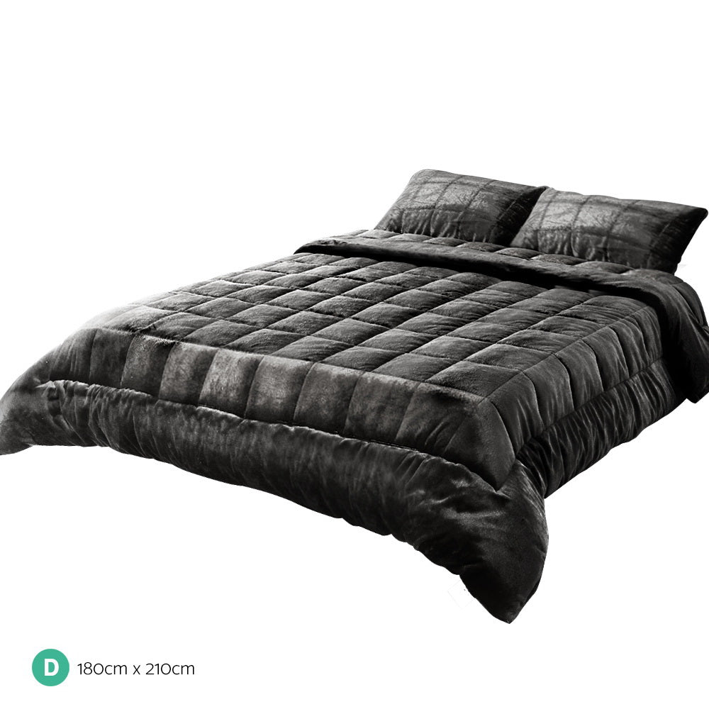 Faux Mink Quilt Plush Throw Blanket Comforter Duvet Cover Charcoal Double on bed with matching pillow shams