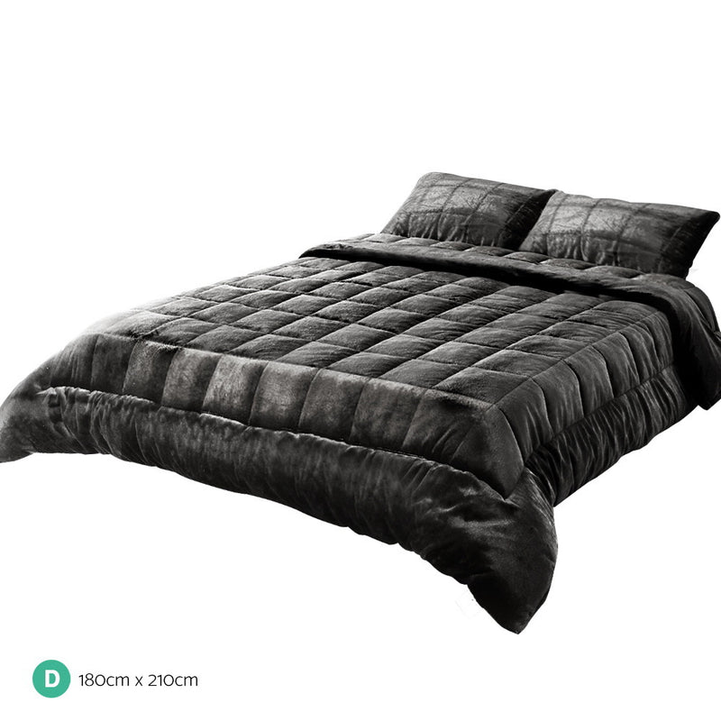 Faux Mink Quilt Plush Throw Blanket Comforter Duvet Cover Charcoal Double on bed with matching pillow shams