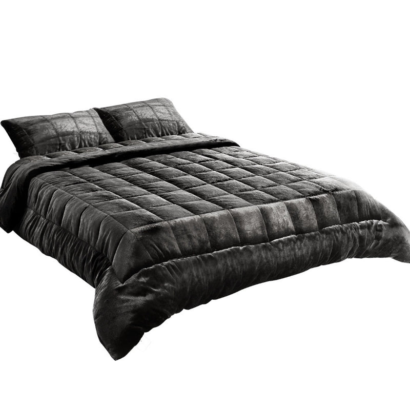 Faux Mink Quilt Comforter Throw Blanket Doona Charcoal Queen on bed with matching pillows in bedroom setting
