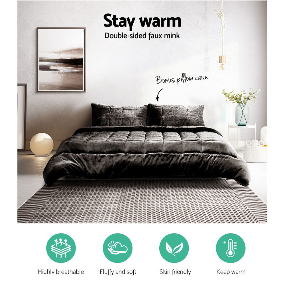 Faux Mink Quilt Comforter Throw Blanket Doona Charcoal Queen on bed with bonus pillowcase in modern bedroom setting