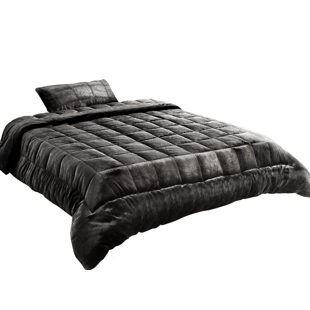 Faux Mink Quilt Fleece Throw Blanket Comforter Duvet Charcoal Single on bed with matching pillow on white background