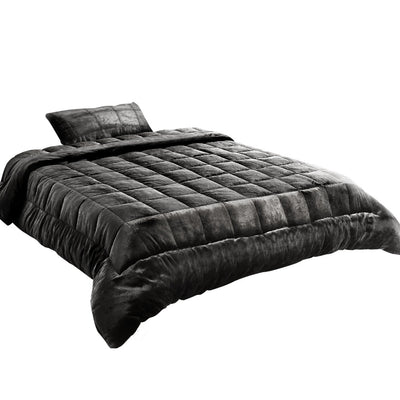 Faux Mink Quilt Fleece Throw Blanket Comforter Duvet Charcoal Single on bed with matching pillow on white background