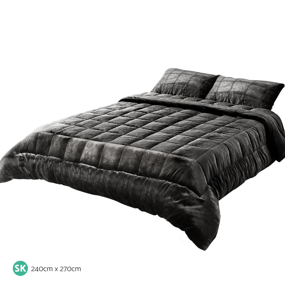 Faux Mink Quilt Comforter Fleece Throw Blanket Doona Charcoal Super King on bed with matching pillow shams