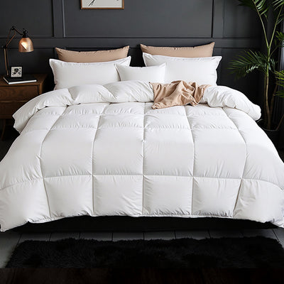 800GSM Goose Down Feather Quilt Winter Blanket Duvet Comforter Double on bed with white pillows and beige throw