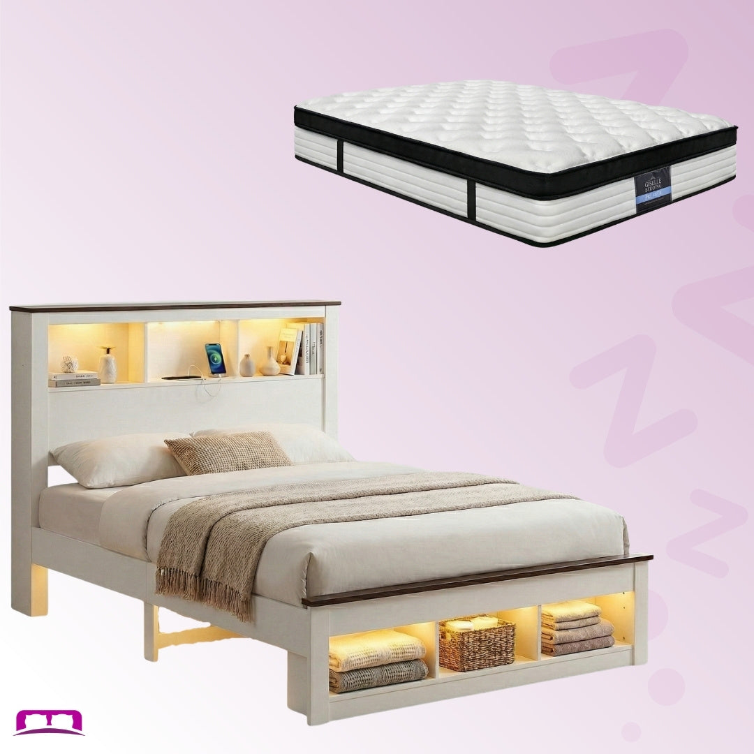 Queen Package | Farmhouse Wooden LED Storage Bed Frame White & Serenity Euro Top Mattress (Medium Firm)