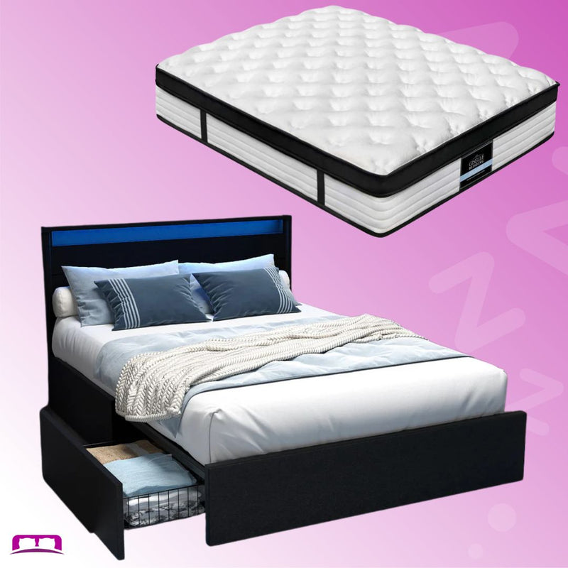 Queen Package | Dunelight LED Bed Black with storage drawer and Devon Euro Top Mattress Medium on purple background