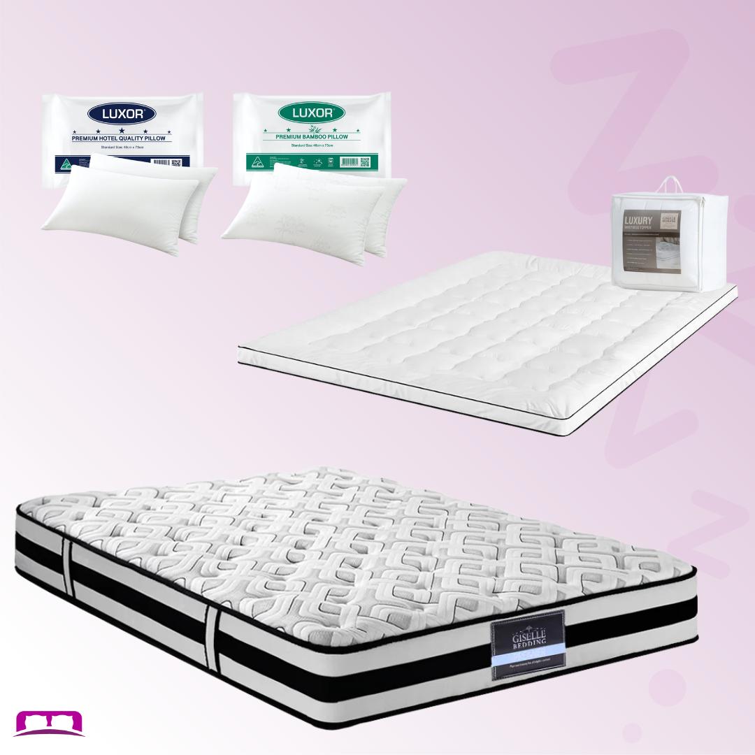 Double Comfort Package | Rumba Tight Top Mattress (Extra Firm), Deluxe Pillowtop Topper, 2 Deluxe & 2 Cooling Pillows set with bedding accessories