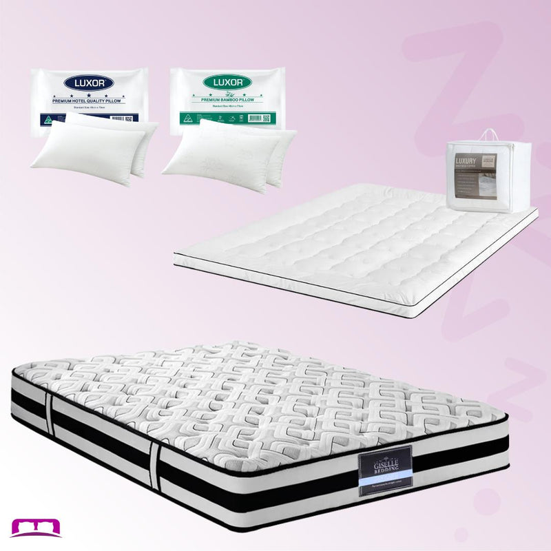 Double Comfort Package | Rumba Tight Top Mattress (Extra Firm), Deluxe Pillowtop Topper, 2 Deluxe & 2 Cooling Pillows set with bedding accessories