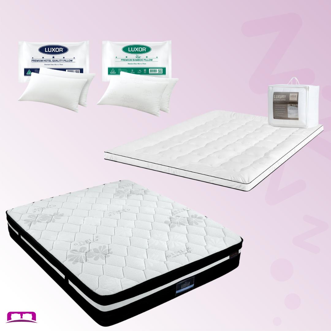 Queen Comfort Package | Regine Series Euro Top Mattress (Extra Firm), Deluxe Pillowtop Topper, 2 Deluxe & 2 Cooling Pillows
