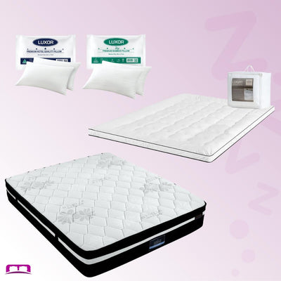 Queen Comfort Package | Regine Series Euro Top Mattress Extra Firm with Deluxe Pillowtop Topper and four premium pillows on pink background