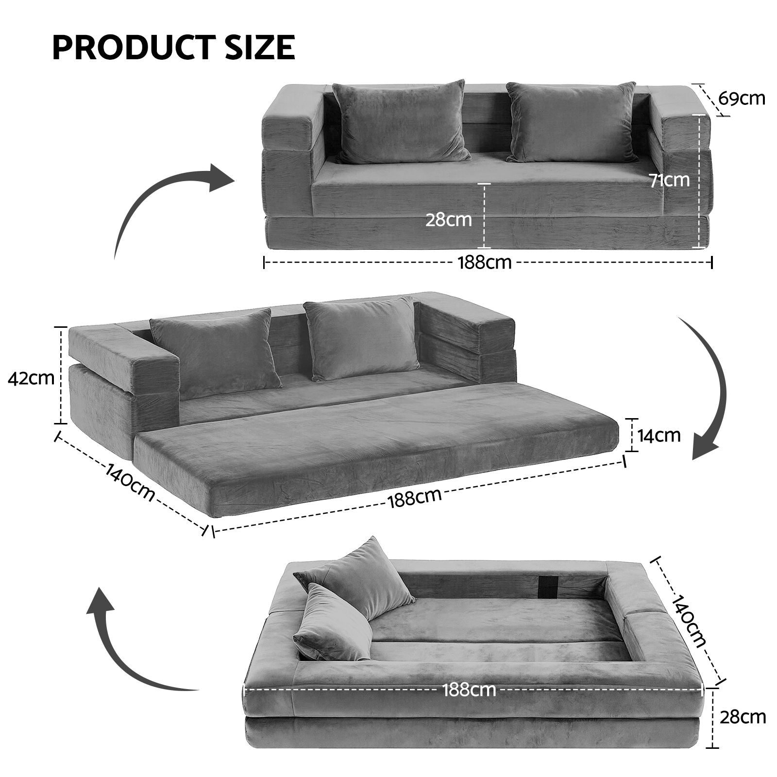 Convertible Folding Sofa Bed Pull Out Mattress Foldable Lounge Couch Grey