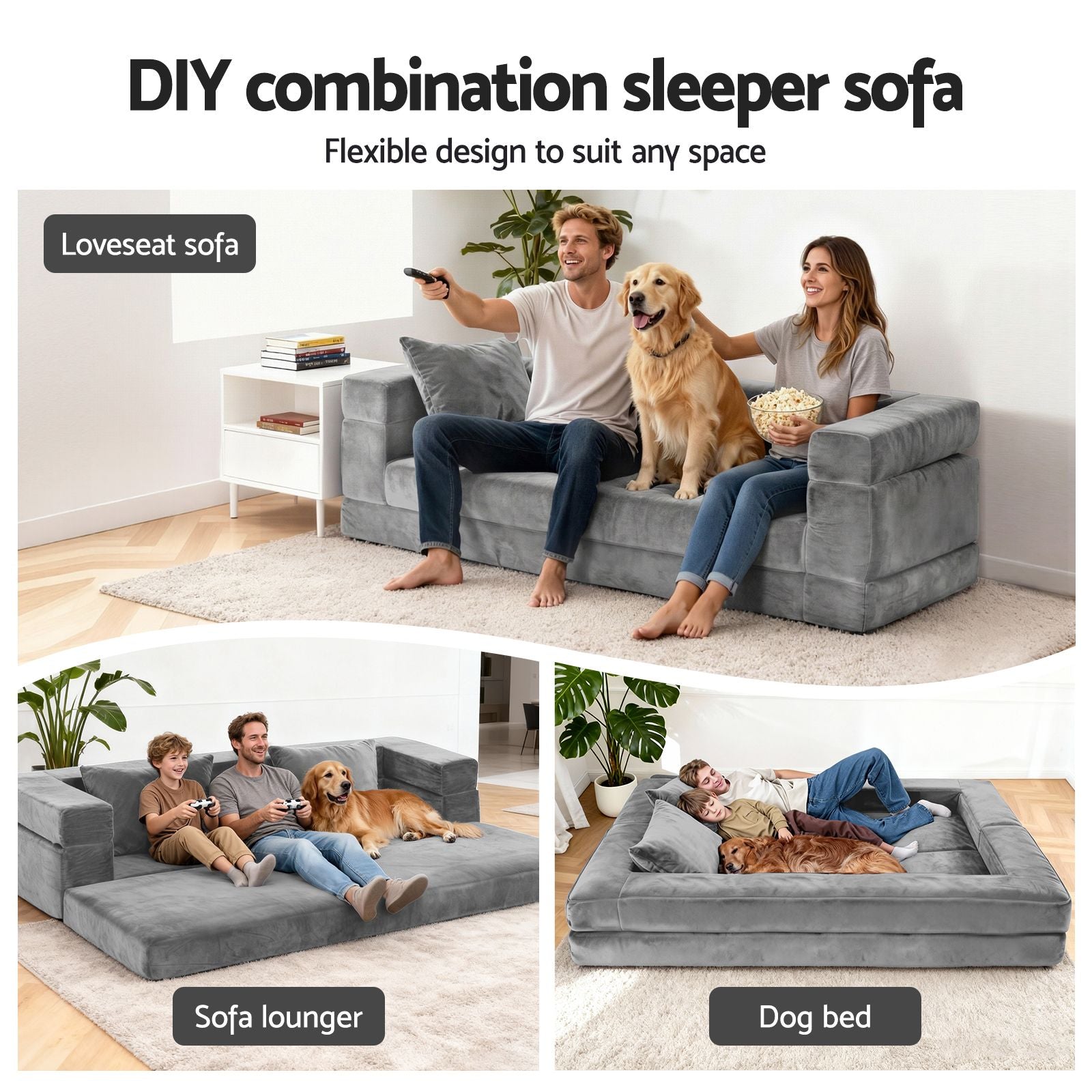 Convertible Folding Sofa Bed Pull Out Mattress Foldable Lounge Couch Grey