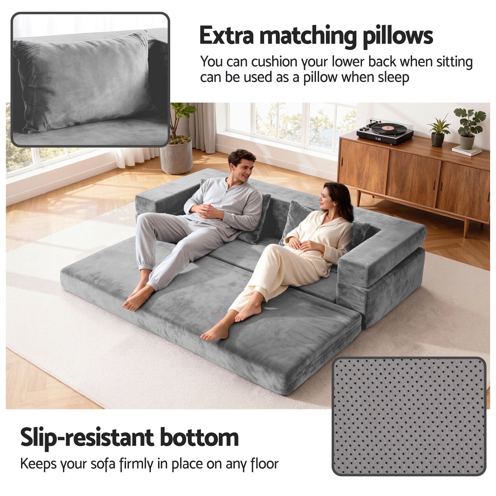 Convertible Folding Sofa Bed Pull Out Mattress Foldable Lounge Couch Grey