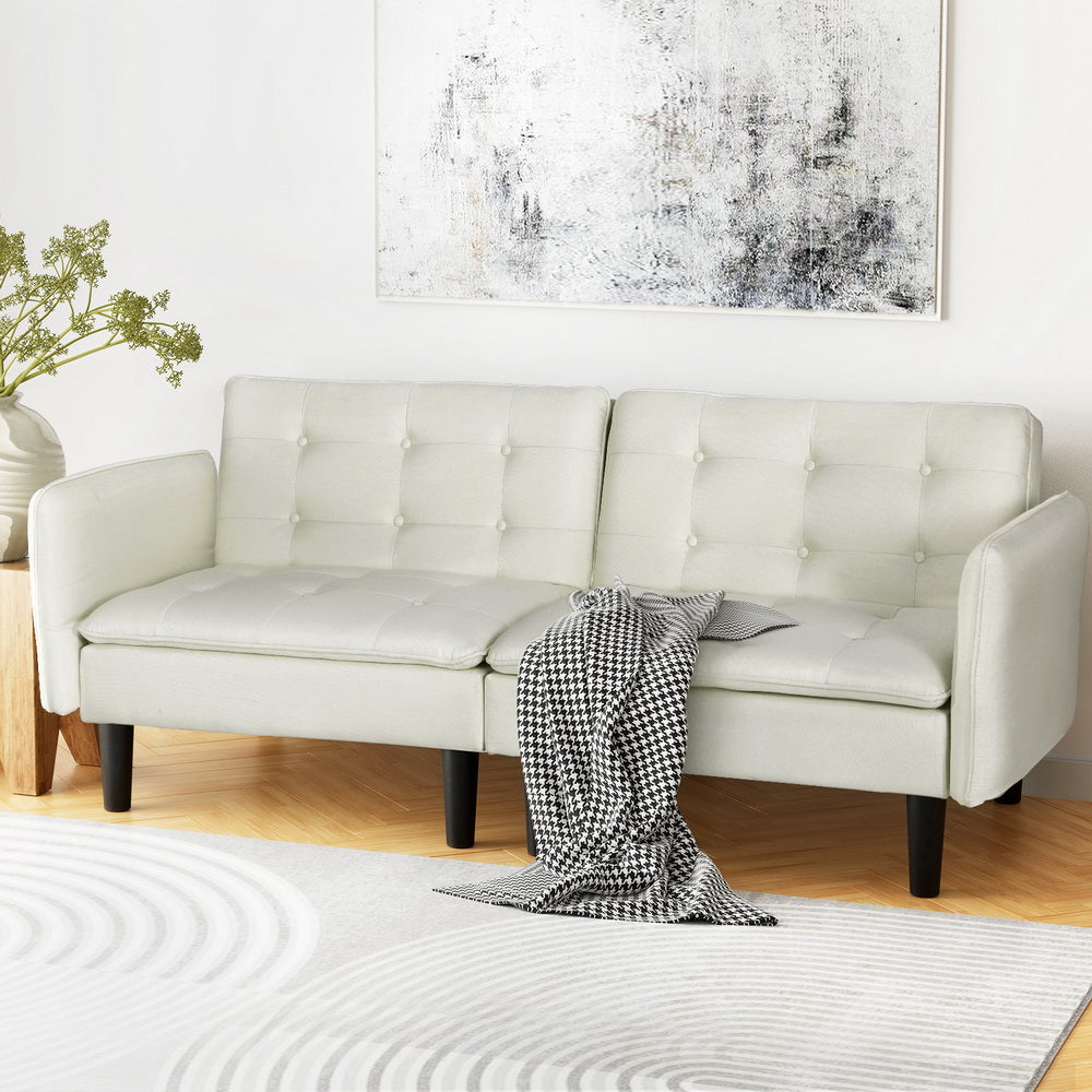 Sofa Bed 192CM Beige Faux Linen Fabric