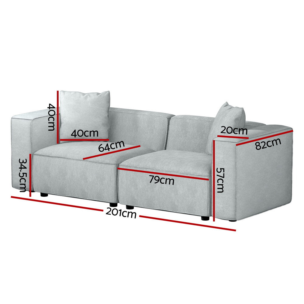 Modular Sofa Chaise Set 2-Seater Grey with soft linen upholstery and detailed measurements on white background