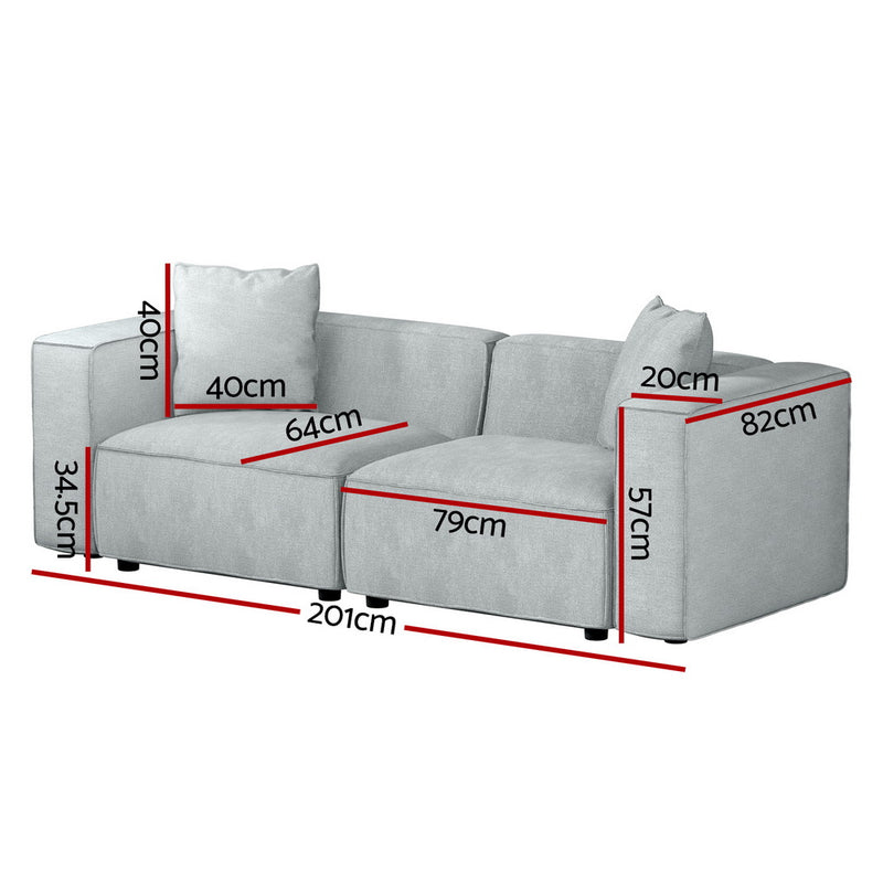 Modular Sofa Chaise Set 2-Seater Grey with soft linen upholstery and detailed measurements on white background