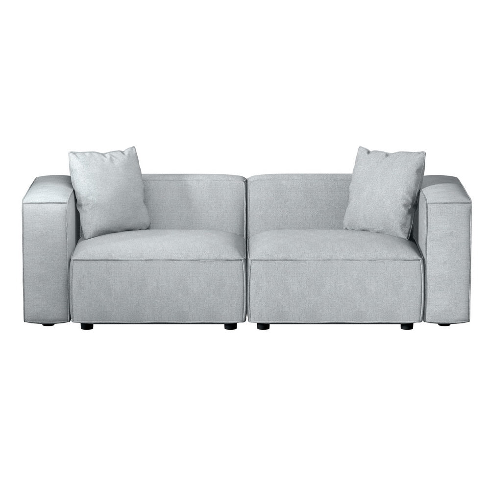 Modular Sofa Chaise Set 2-Seater Grey in soft linen fabric with two cushions and modern minimalist design on white background