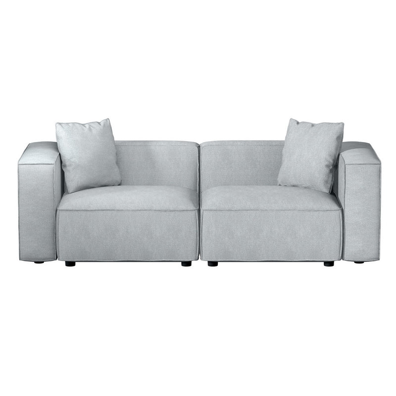 Modular Sofa Chaise Set 2-Seater Grey in soft linen fabric with two cushions and modern minimalist design on white background