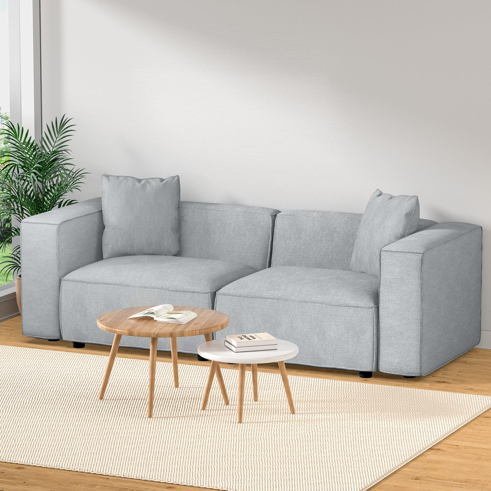 Modular Sofa Chaise Set 2-Seater Grey with linen upholstery, clean lines, and wooden coffee tables on light rug