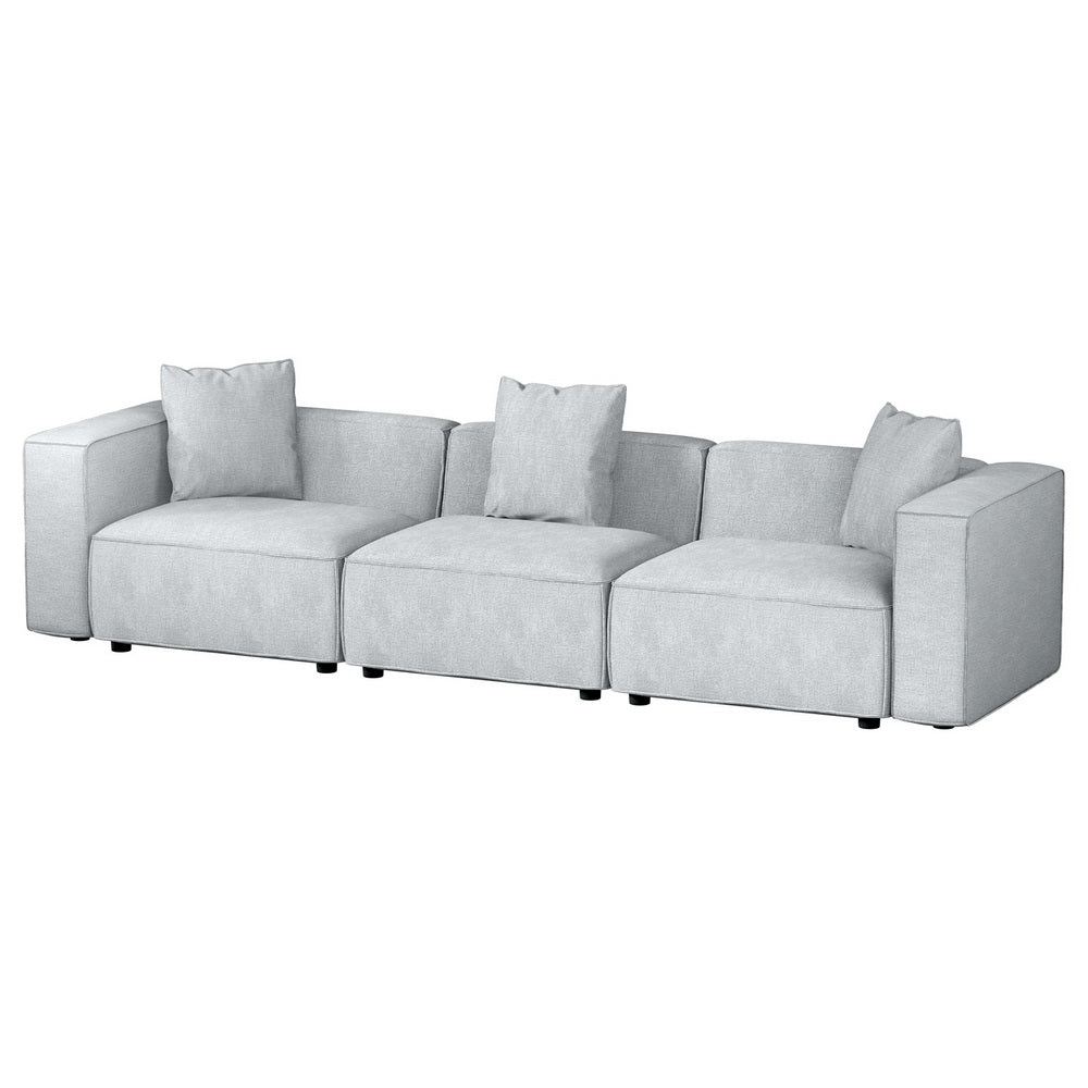 Modular Sofa Chaise Set 3-Seater Grey with soft linen upholstery and three cushioned seats on low black legs