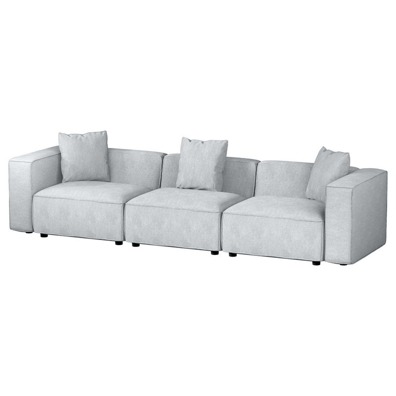 Modular Sofa Chaise Set 3-Seater Grey with soft linen upholstery and three cushioned seats on low black legs