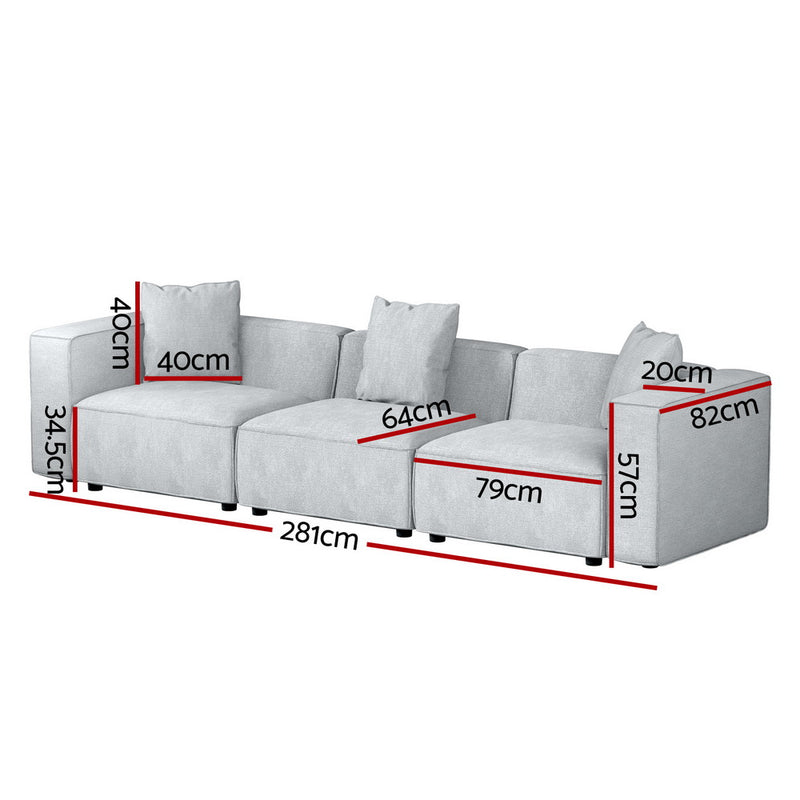 Modular Sofa Chaise Set 3-Seater Grey with soft linen fabric, three cushions, and detailed dimensional measurements shown