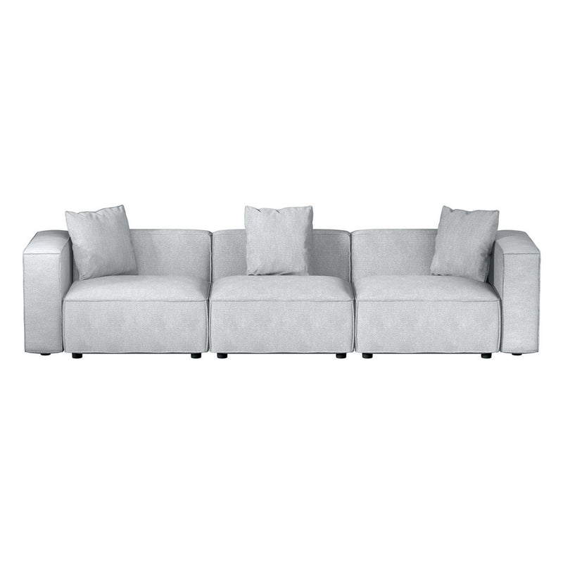 Modular Sofa Chaise Set 3-Seater Grey with soft linen upholstery and three back cushions on white background